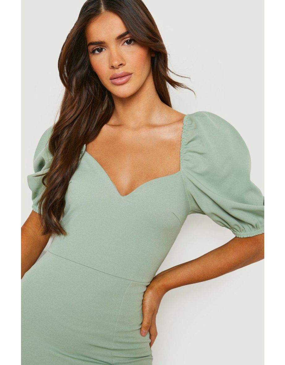 Puff Sleeve Sweetheart Neck Midi Dress - sage - 3