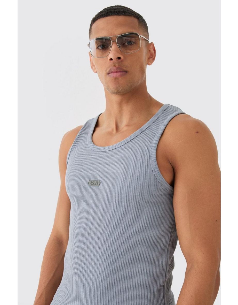 Man Slim Waffle Rubber Badge Vest - slate blue - 2
