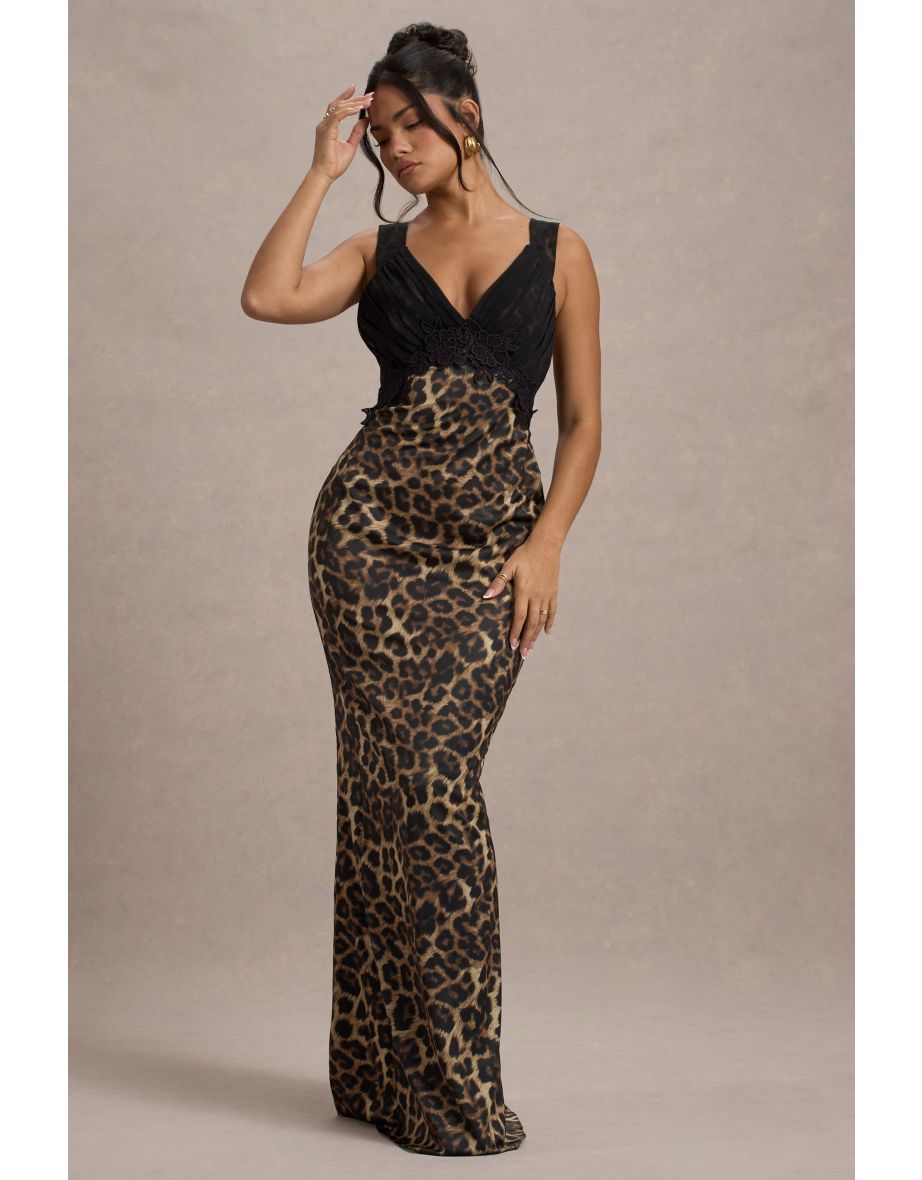 Sahara | Leopard Print Satin V-Neck Maxi Dress With Black Lace Trim - 2