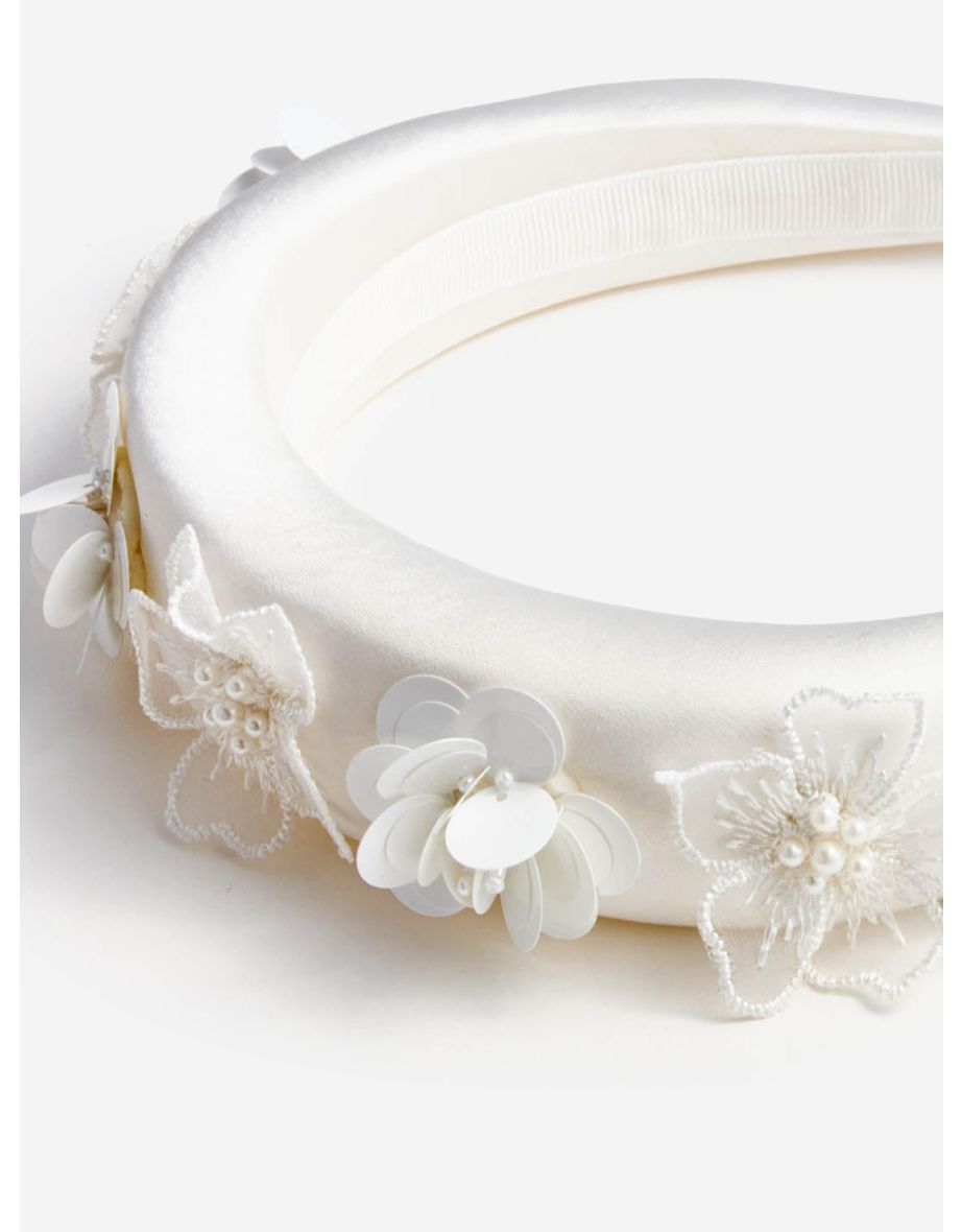 Girls Satin Flower Headband in White - 3