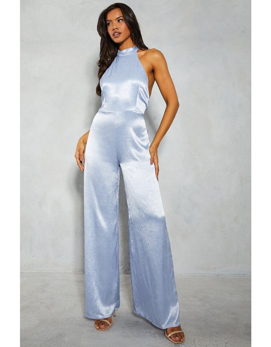 Textured Satin Halterneck Low Back Wide Leg Jumpsuit