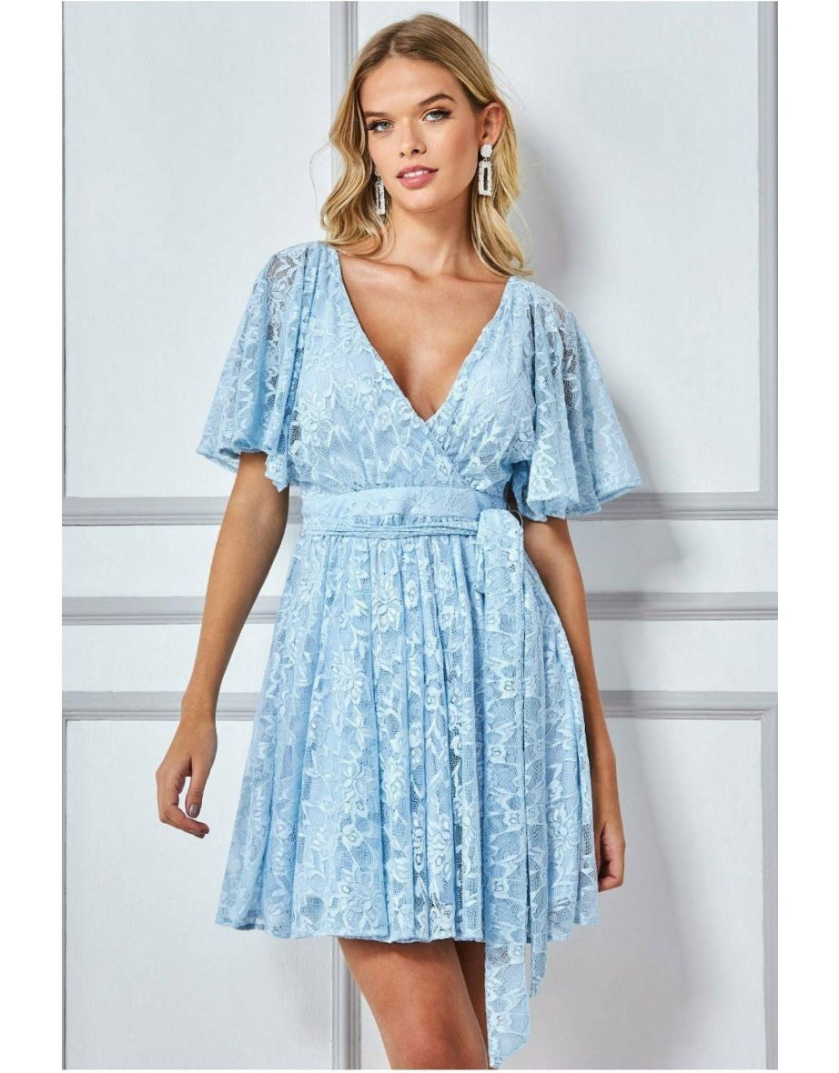 Goddiva Lace Kimono Wrap Skater Mini Dress - Powder Blue