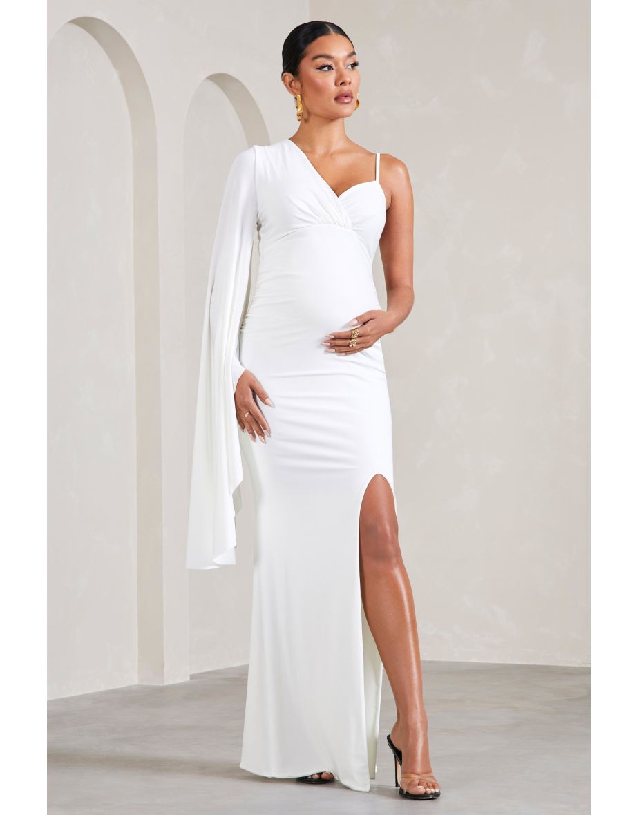 Rhea | White V-Neck Split Maternity Maxi Dress With Cape Sleeve - 4