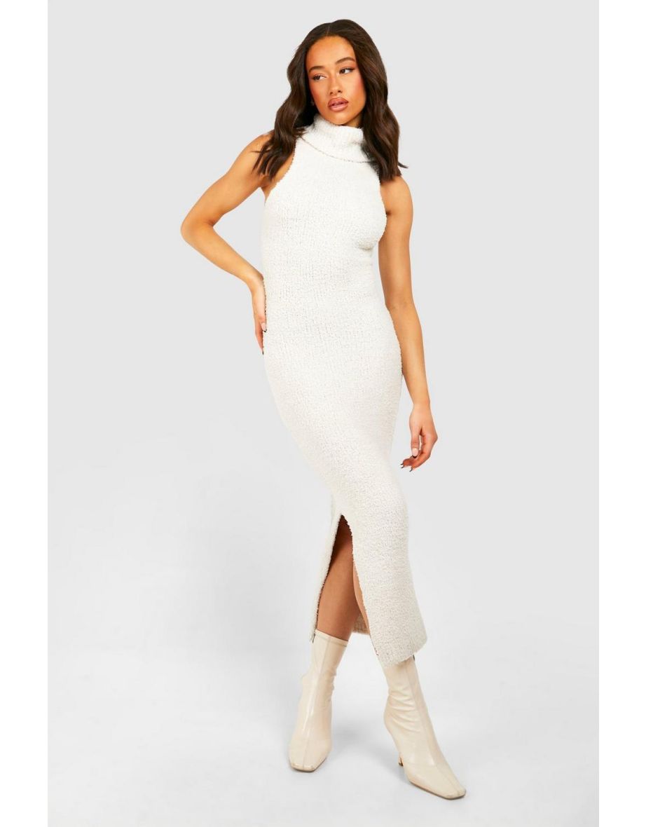 Teddy Soft Roll Neck Sleeveless Knitted Dress - ecru