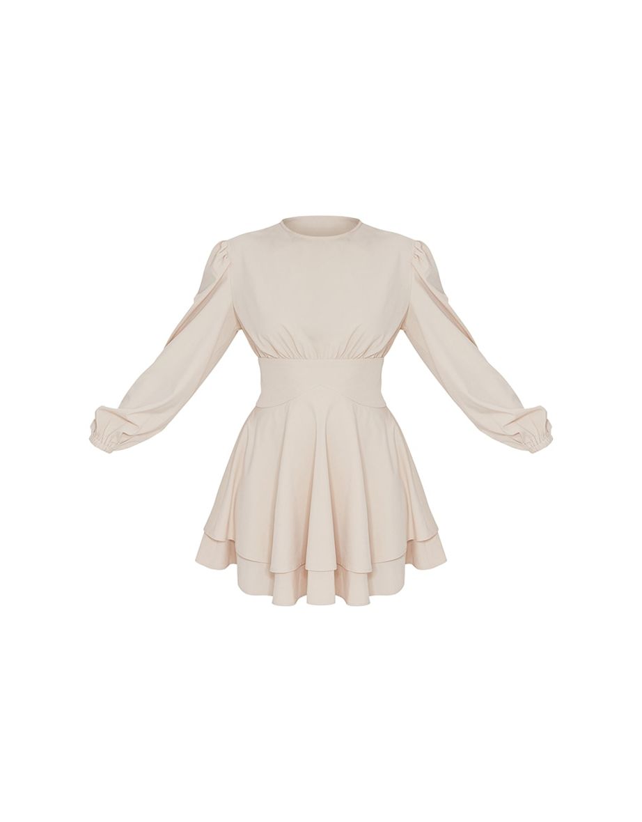 Stone Woven Binding Waist Detail Puff Long Sleeve Shift Dress - 4