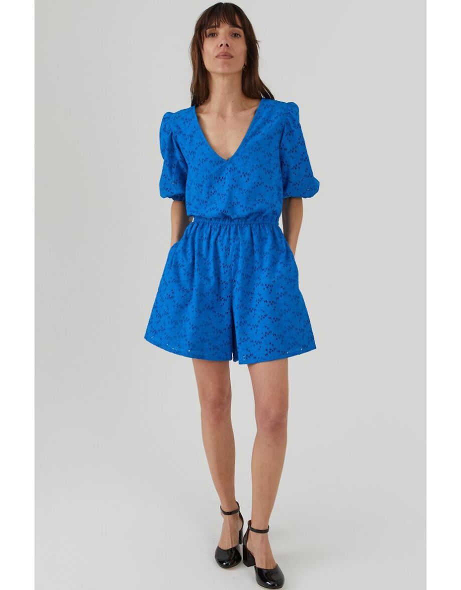 Cotton Broderie Anglaise Playsuit with Puff Sleeves