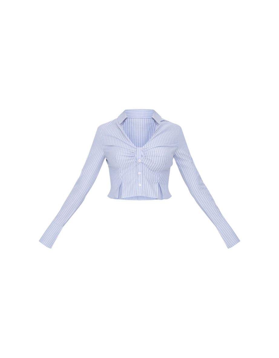Blue Striped Ruching Detail Shirt - 4