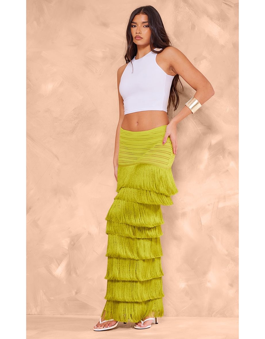 Premium Green Textured Tassel Trimmed Maxi Skirt