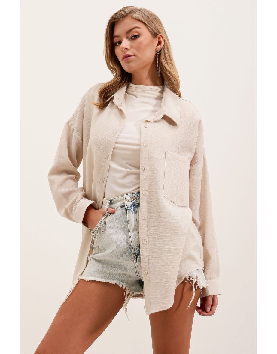 Single Pocket Oversize Linen Shirt - Cream