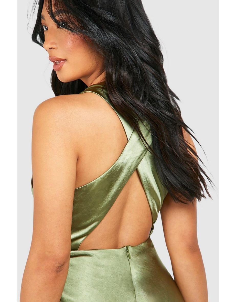 Petite Bridesmaid Satin High Neck Maxi Dress - olive - 3