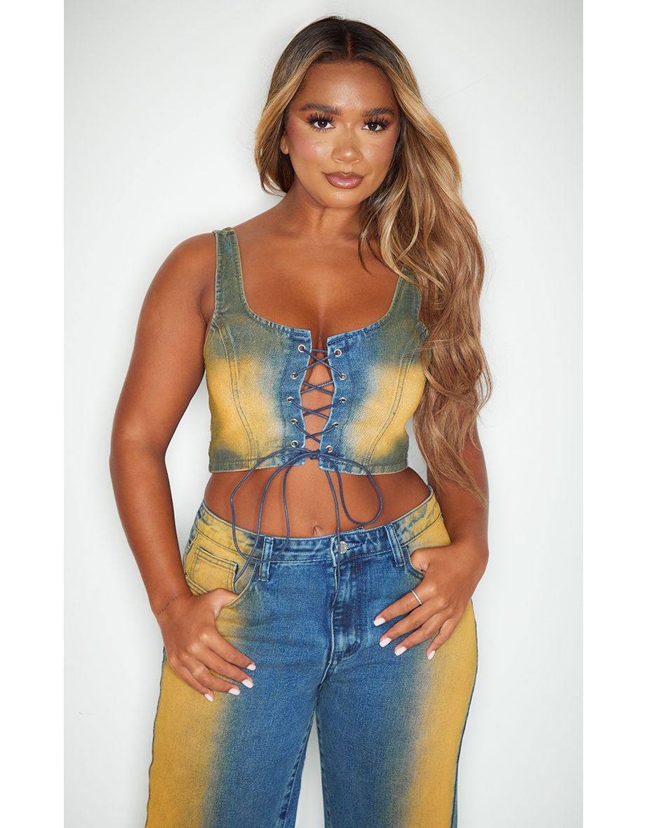 Shape Dark Blue Denim Washed Lace Up Crop Top