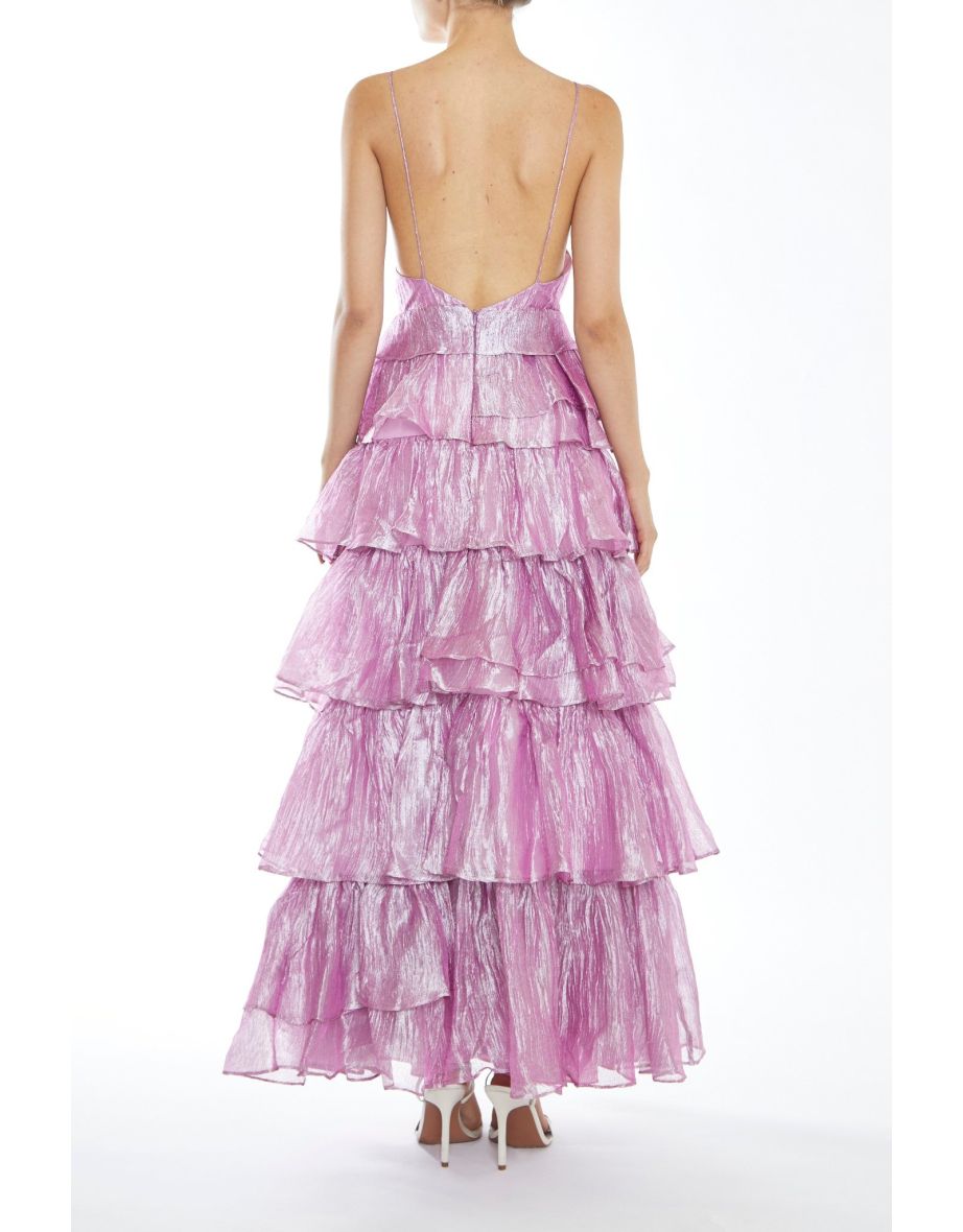 Nova Pink Metallic Pleated Tiers Plunging Maxi-Dress - 1