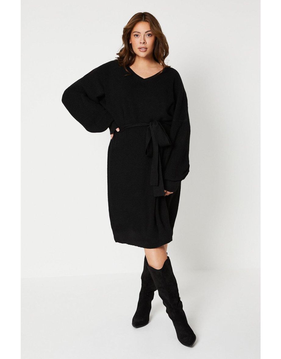 Curve Batwing Tie Waist Knitted Dress