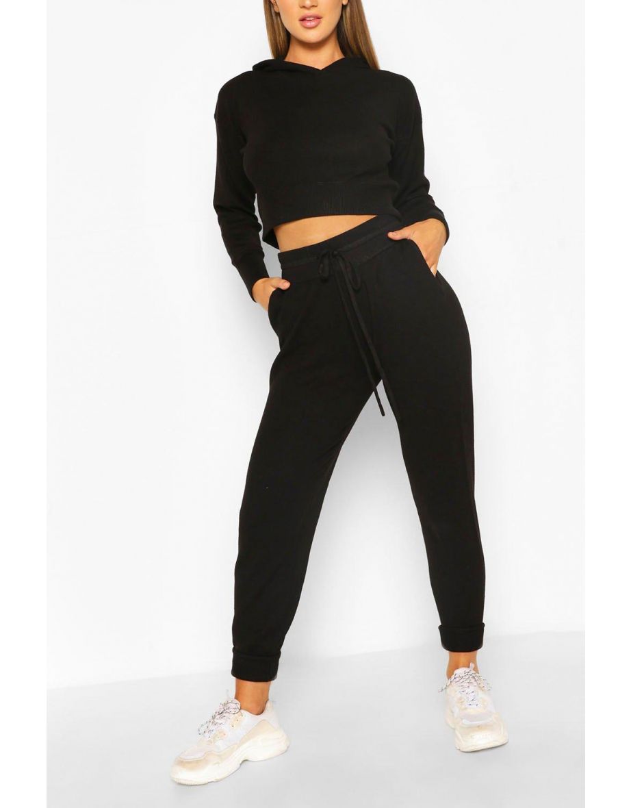Knitted Crop Hoody & Jogger Co-ord - black - 3