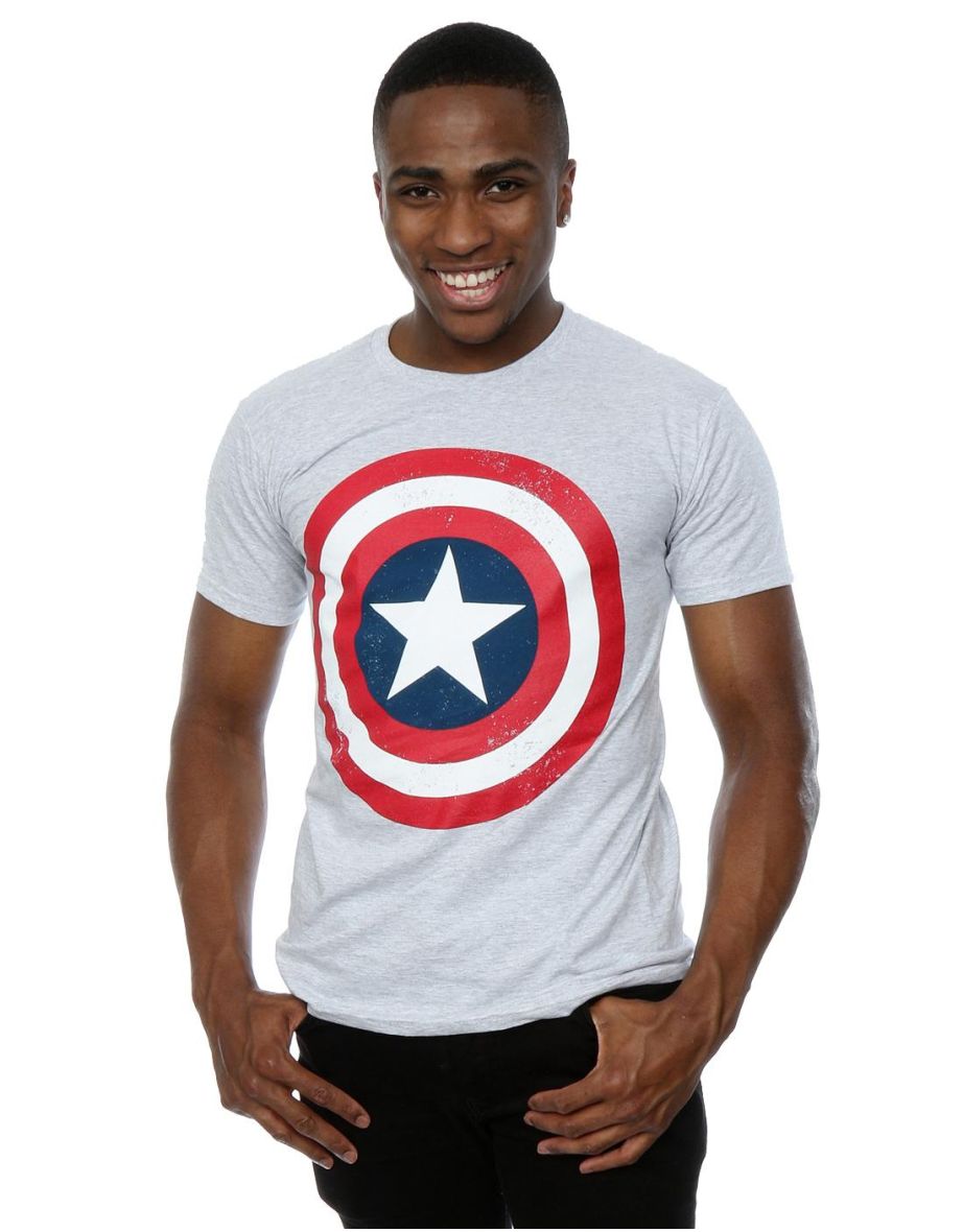 Marvel Mens Captain America Distressed Shield T-Shirt - Heather Grey