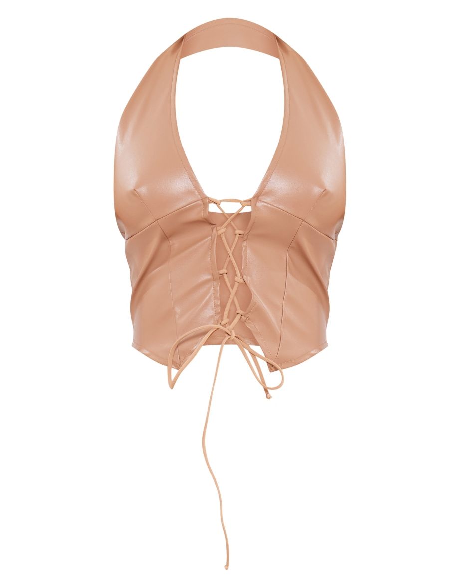 Stone Faux Leather Tie Front Halterneck Crop Top - 4