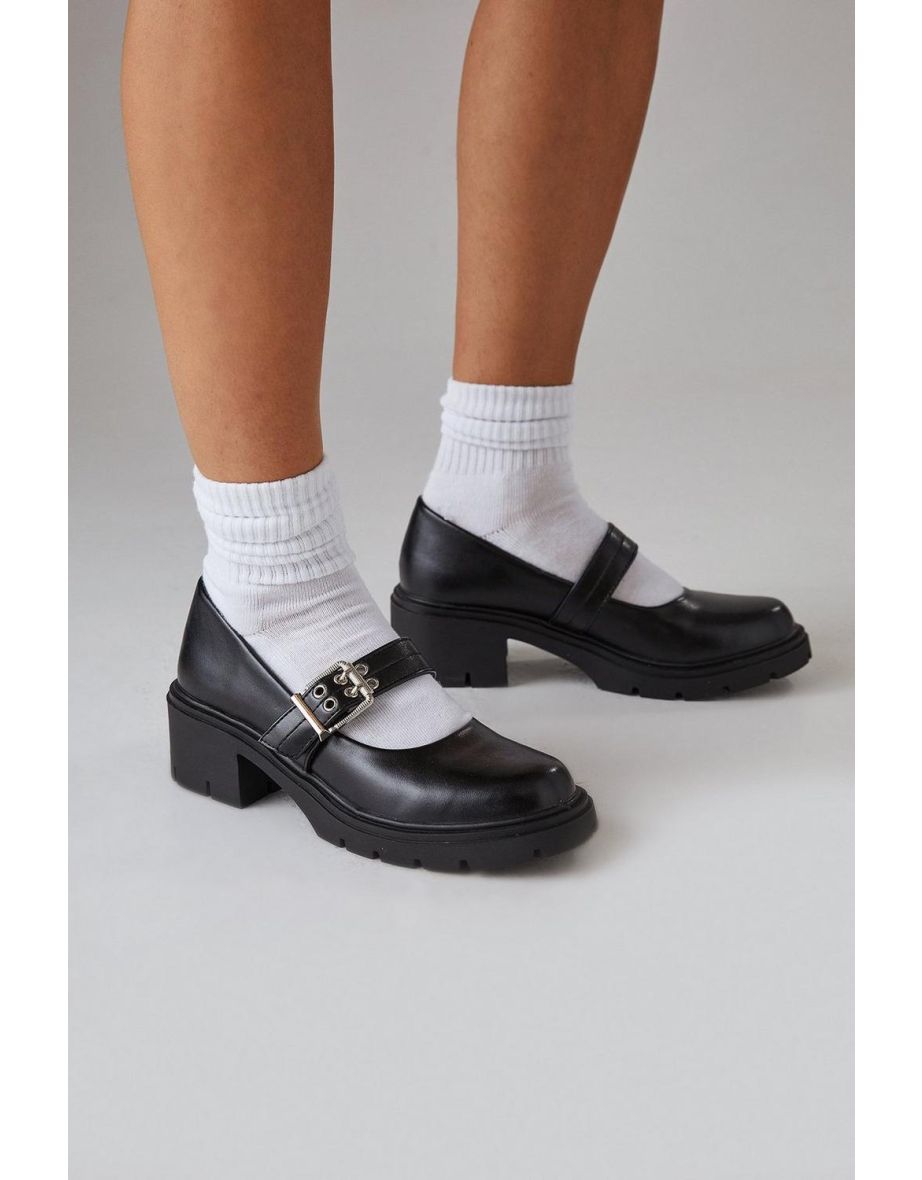 Faith: Hadley Faux Leather Buckle Detail Mary Jane Chunky Heel Shoes