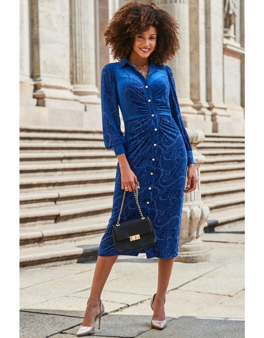 Sapphire Blue Velvet Paisley Devoré Shirt Dress