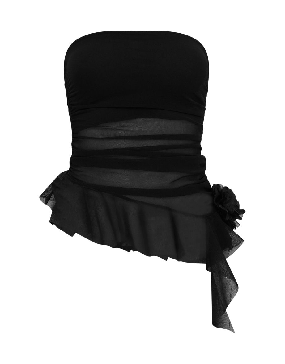 Black Mesh Long Line Floral Frill Bandeau Top - 4