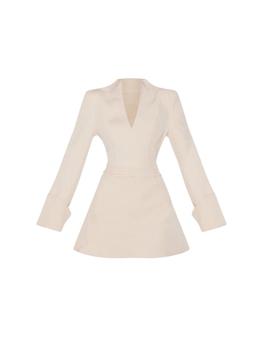 Almond Woven V Neck Mini Dress - 4