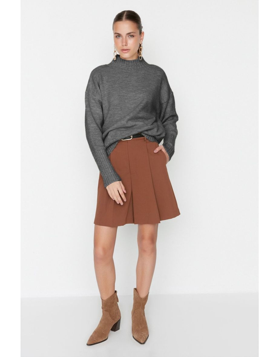 Anthracite Wide Pattern Soft Texture Basic Knitwear Sweater