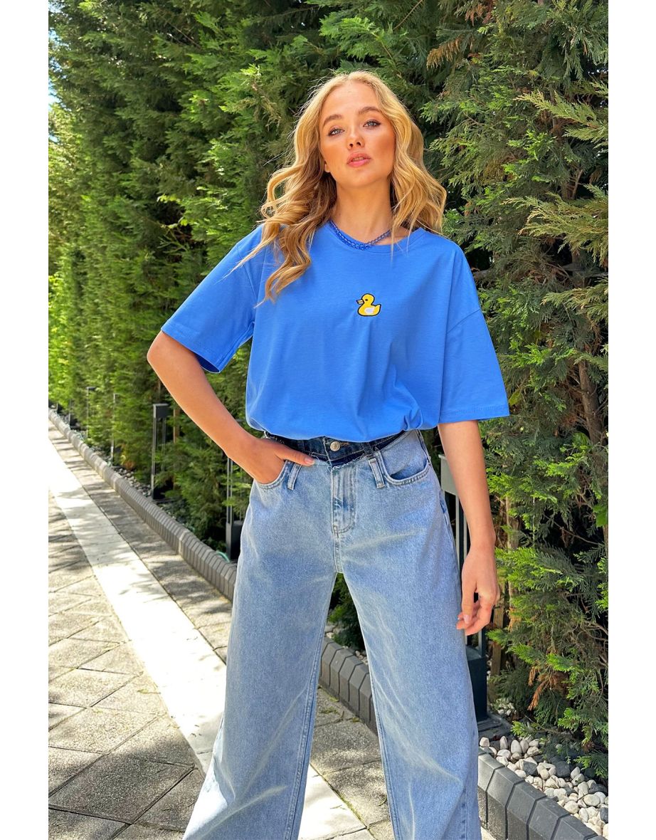 Women's Aviator Blue Crew Neck Duck Embroidered Oversize T-Shirt - 6