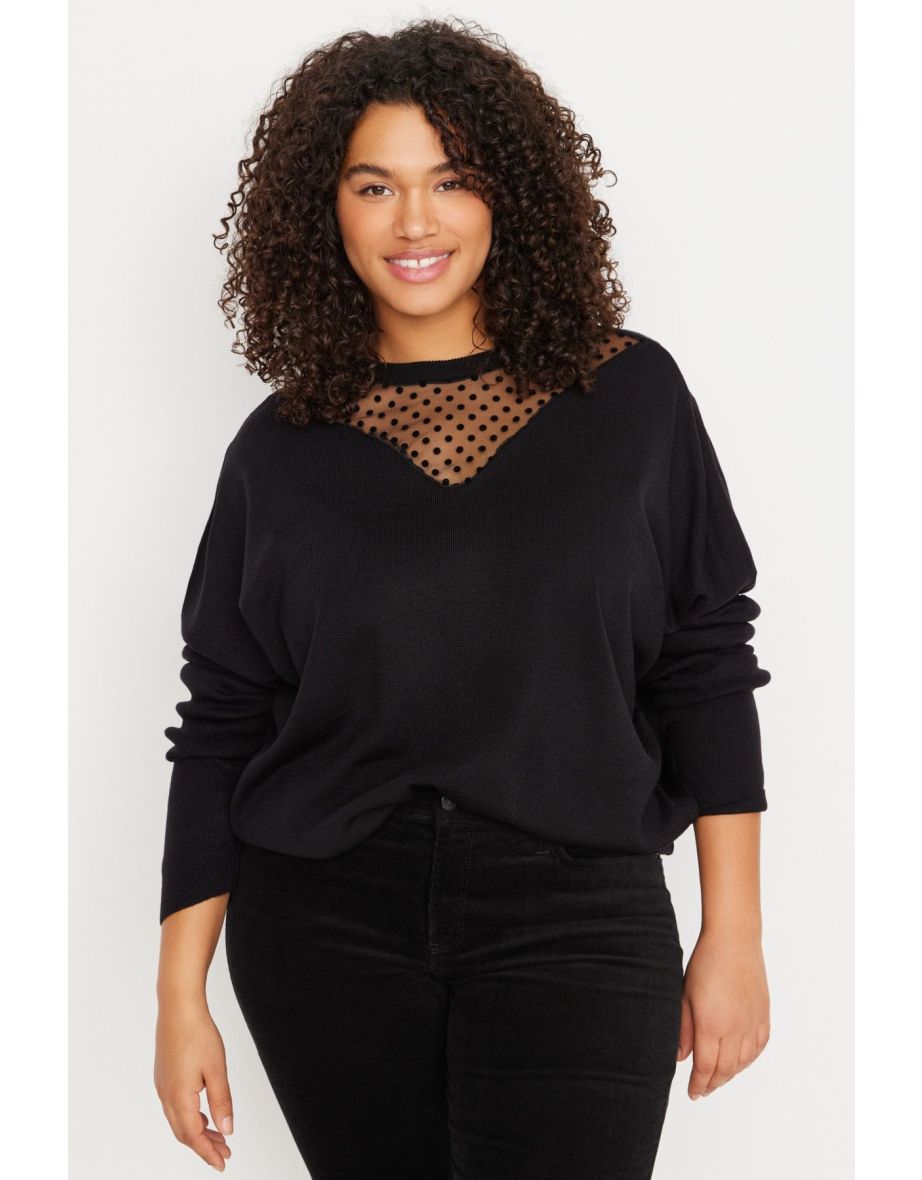 Black Tulle Detailed Off Shoulder Thin Knitwear Sweater