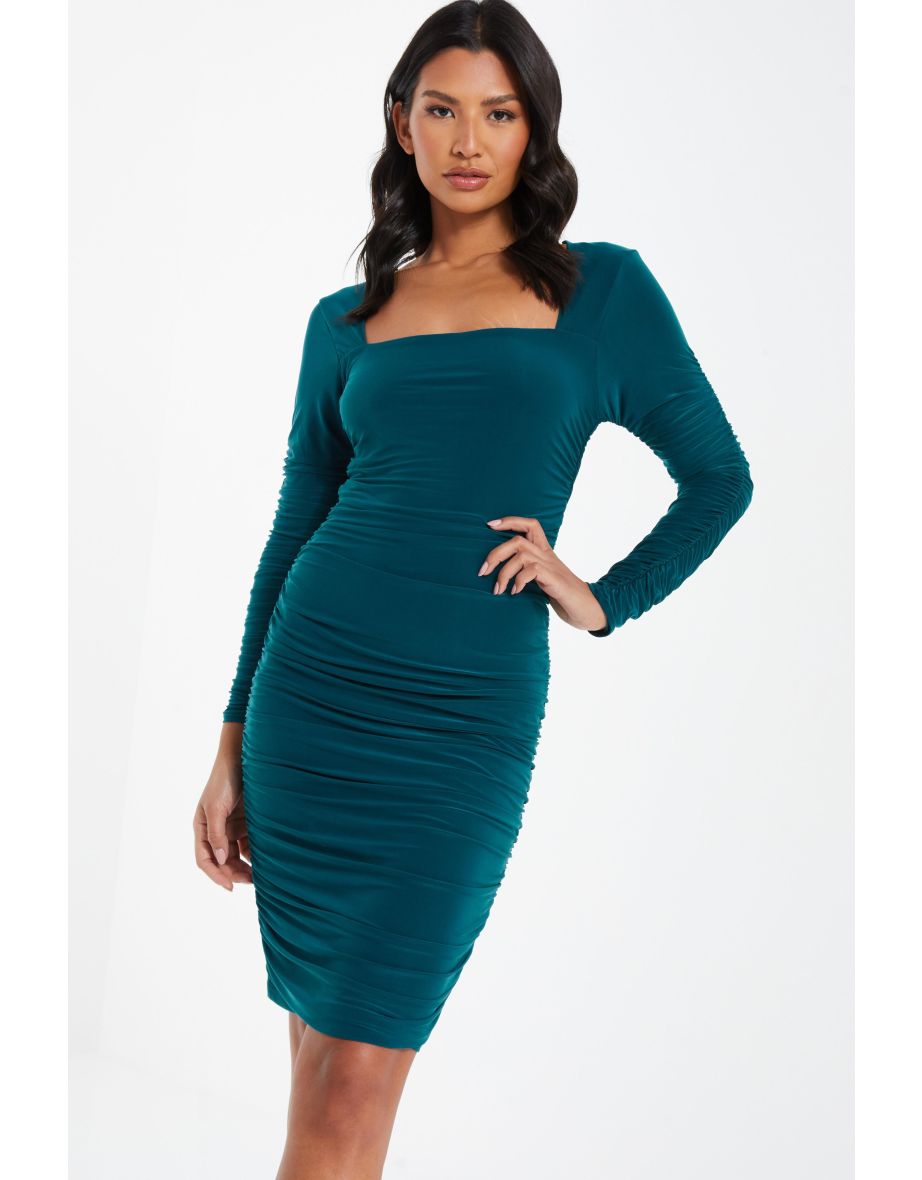 Teal Ruched Long Sleeve Midi Dress