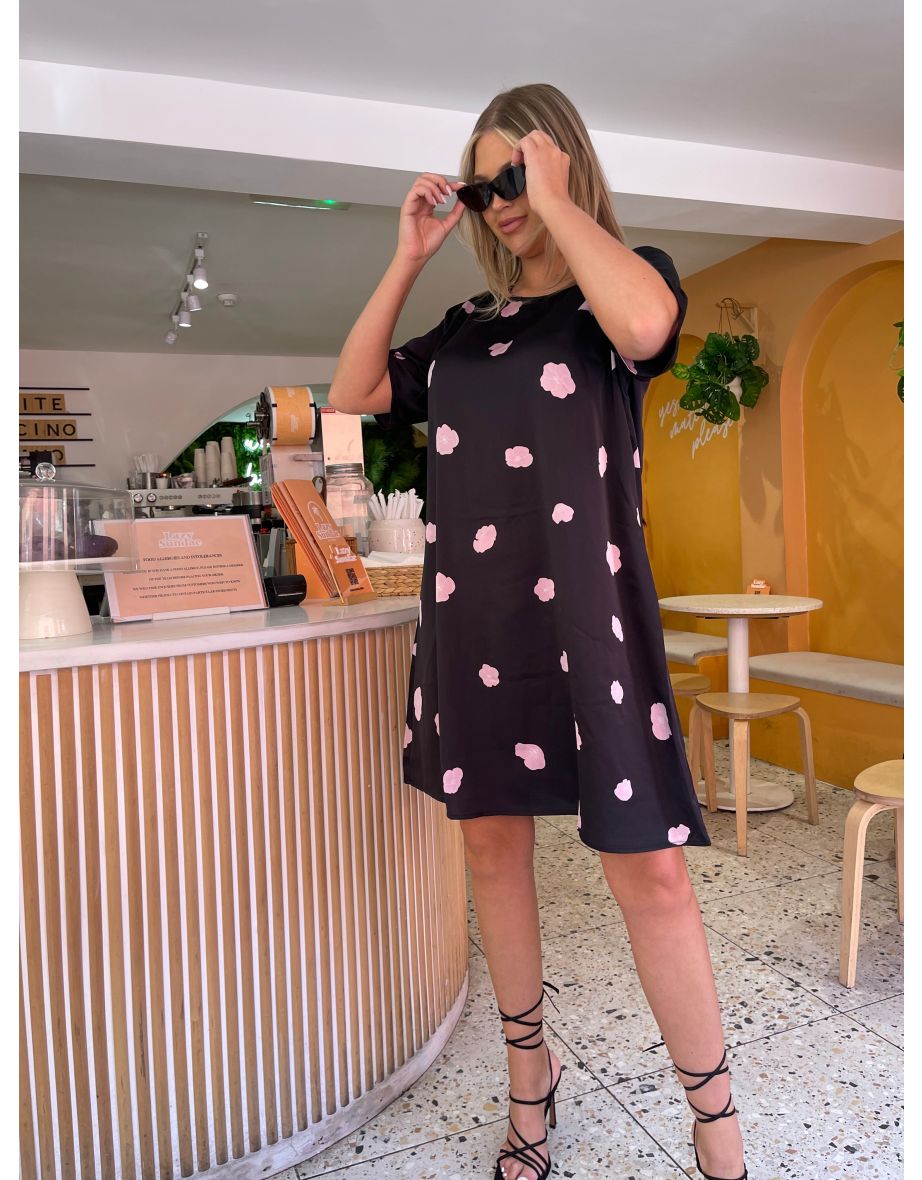 Black Floral Satin T-Shirt Mini-Dress