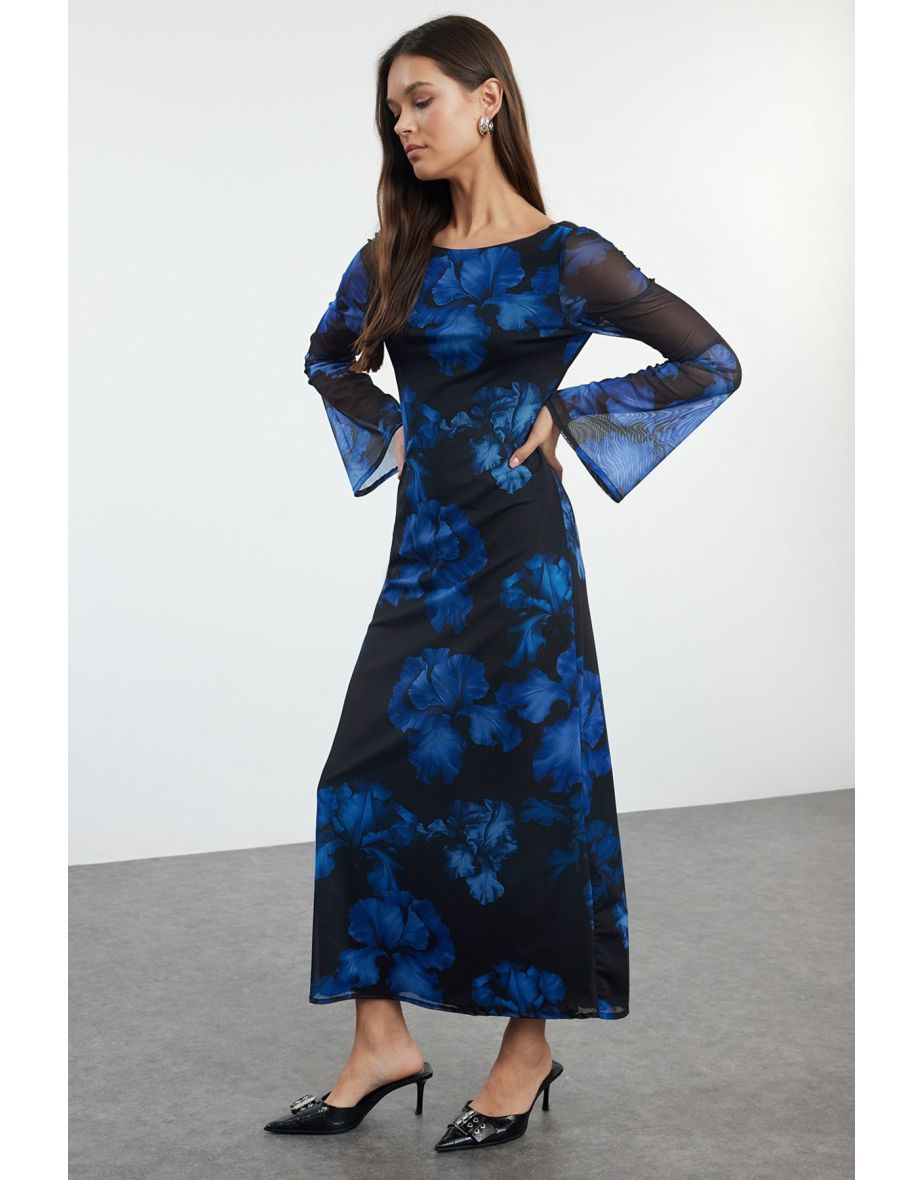 Navy Blue Floral Backless Tulle Boat Neck Flexible Maxi Knitted Dress