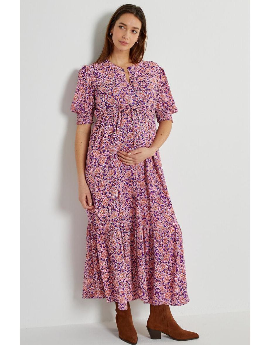 Maternity Dress in Paisley Print with Puff Sleeves