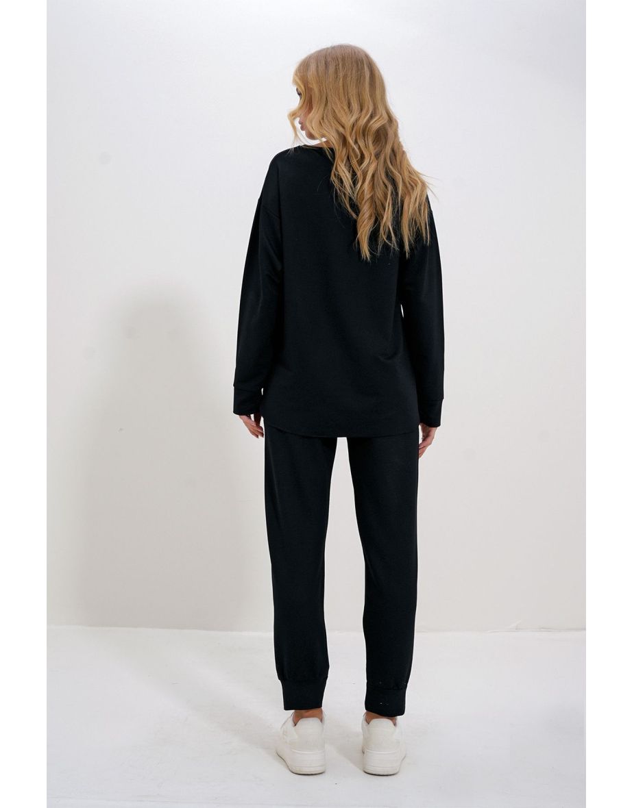 Women's Black Crew Neck Side Slit Soft Texture Modal Tracksuit - 3