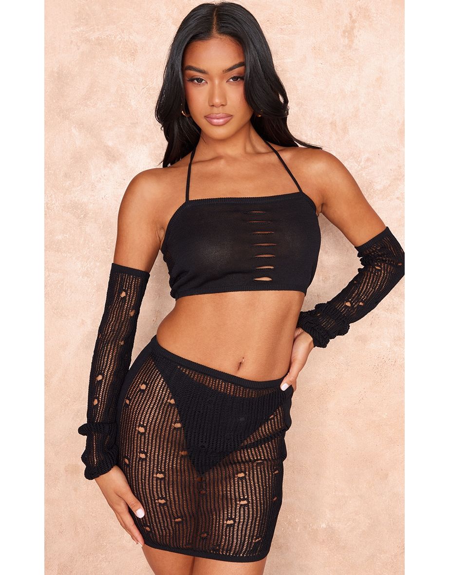 Black Distressed Textured Knit Crop Top