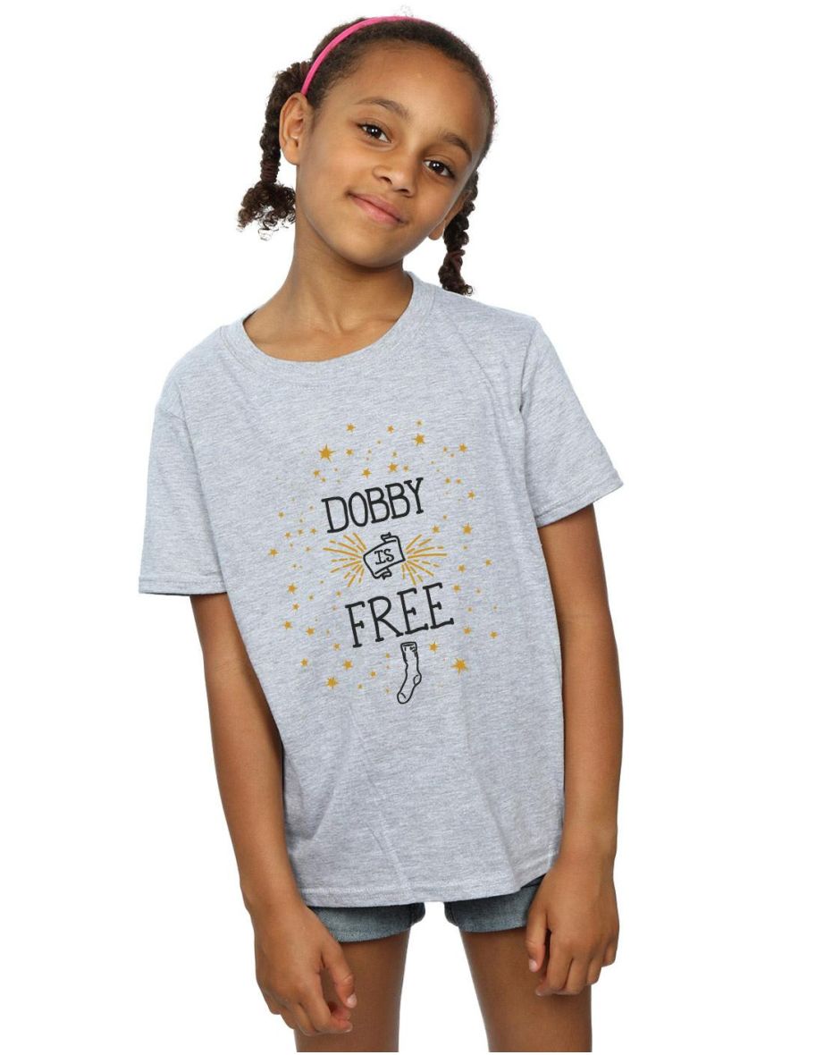 Harry Potter Girls Dobby Is Free Cotton T-Shirt - Sports Grey