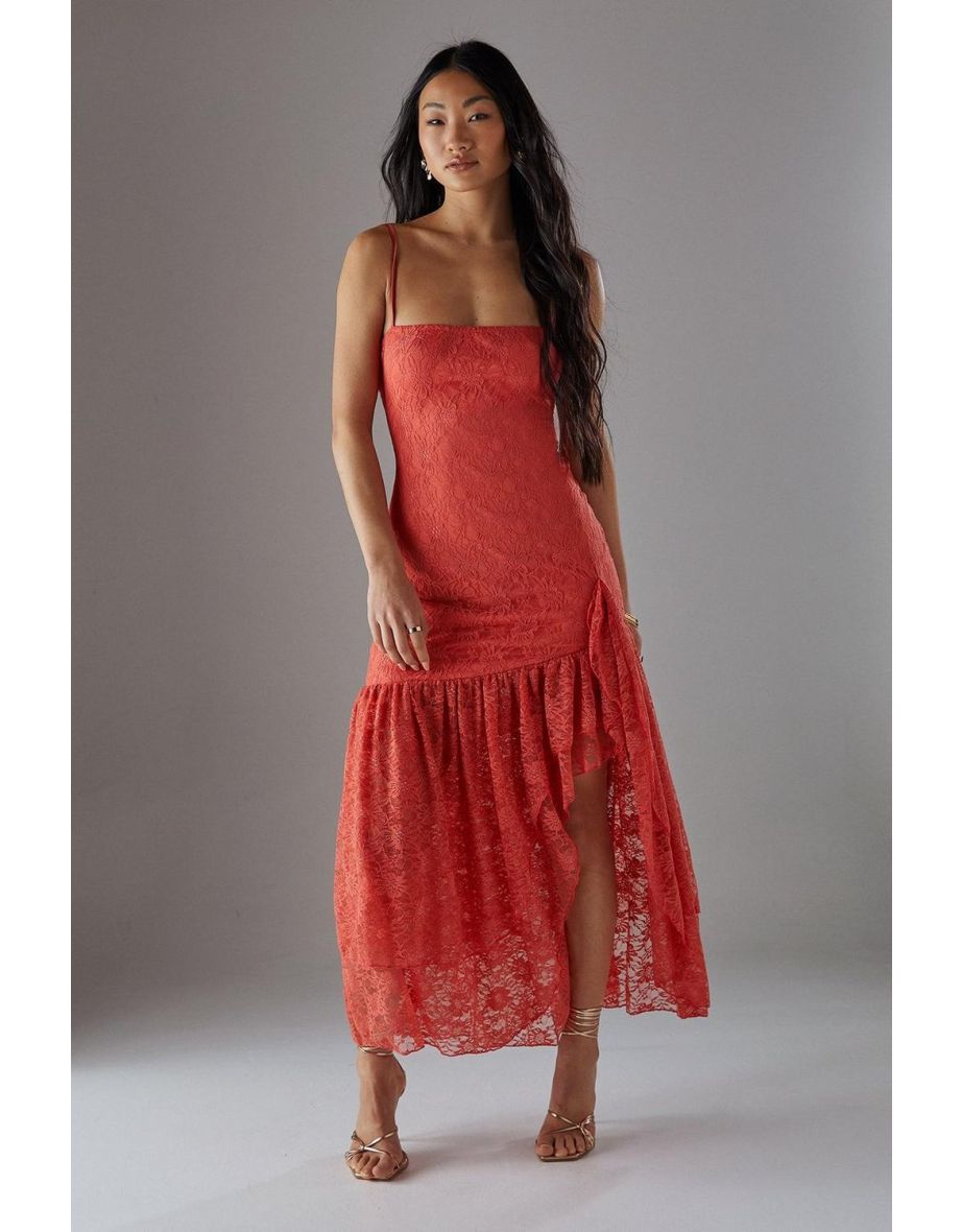Petite Lace Strappy Drop Waist Ruffle Maxi Dress