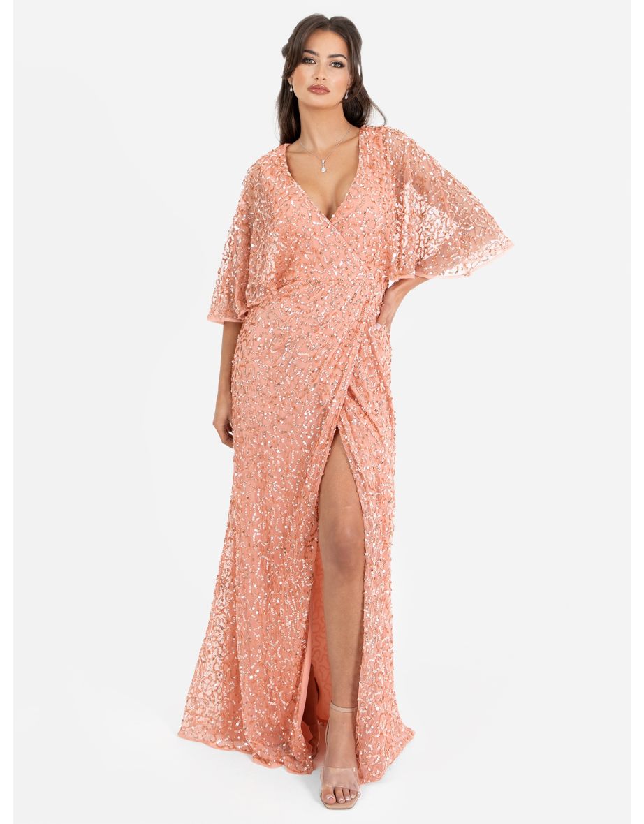 Shop Maya Apricot Fully Embellished Faux Wrap Maxi Dress Online in Bahrain VogaCloset