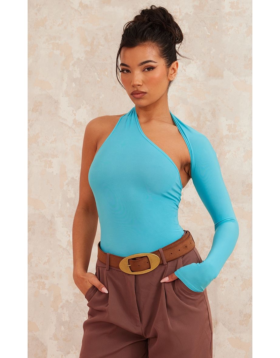 Aqua Blue Asymmetric One Shoulder Bodysuit