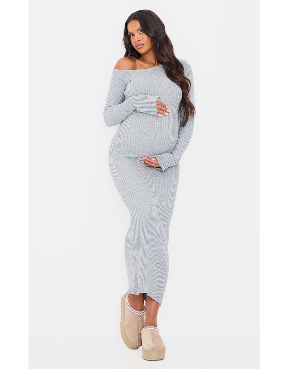 Maternity Grey Asymmetric Long Sleeve Rib Knit Midaxi Dress