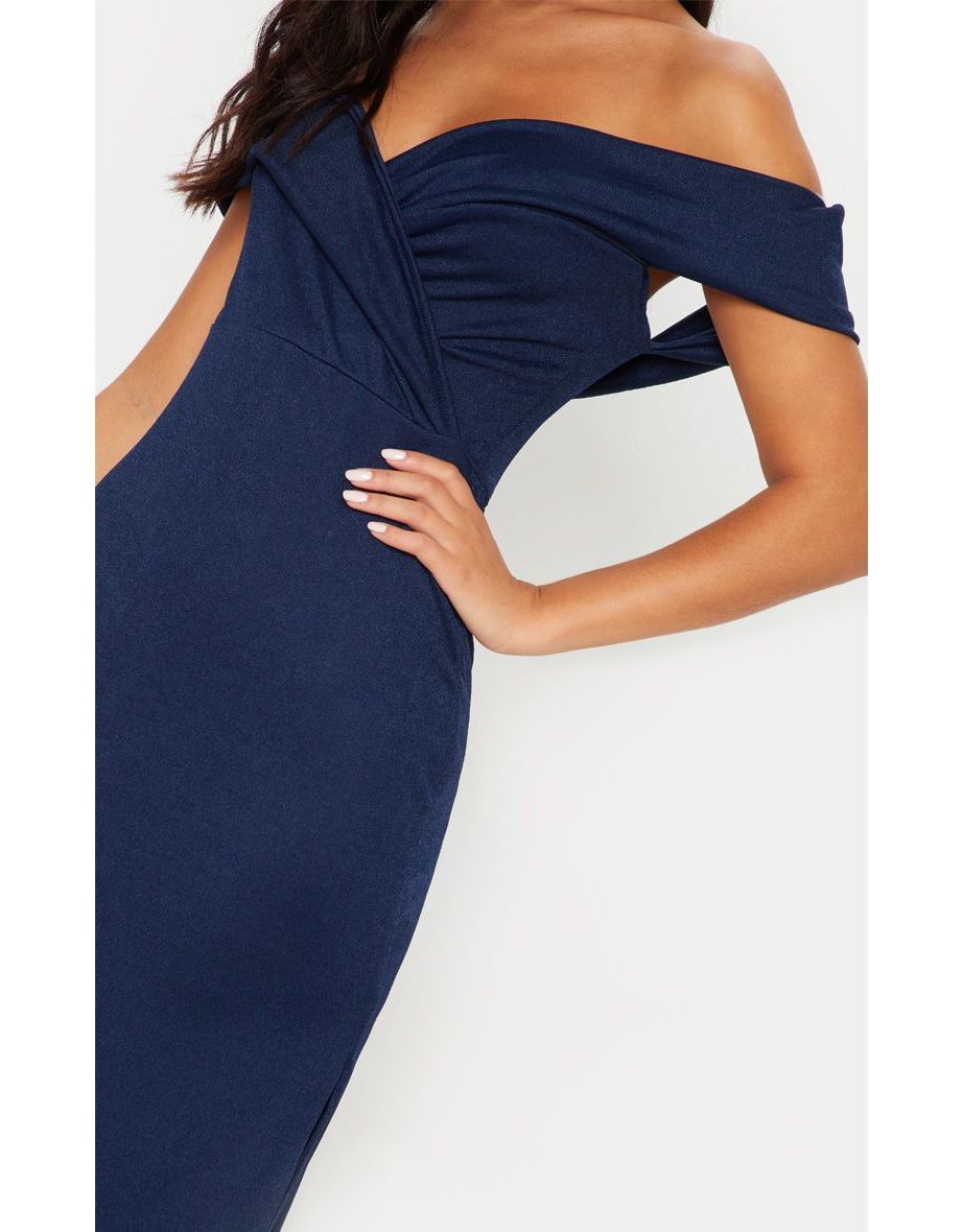 Navy Bardot Fold Detail Extreme Split Maxi Dress - 4