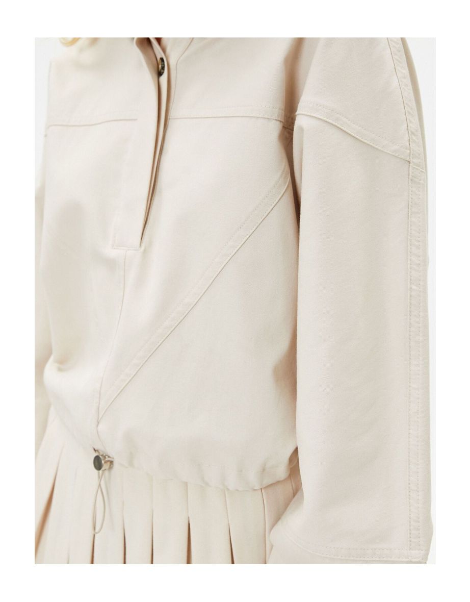 Parachute Hooded Crop Sweatshirt Half Button Elastic Waist Long Balloon Sleeve Cotton - 5