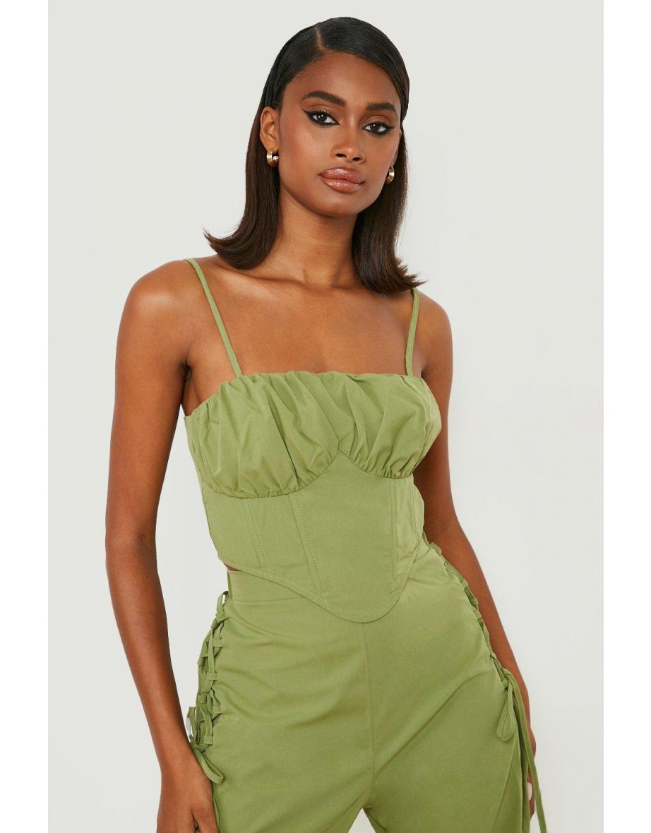 Ruched Cup Lace Up Back Corset - khaki - 3