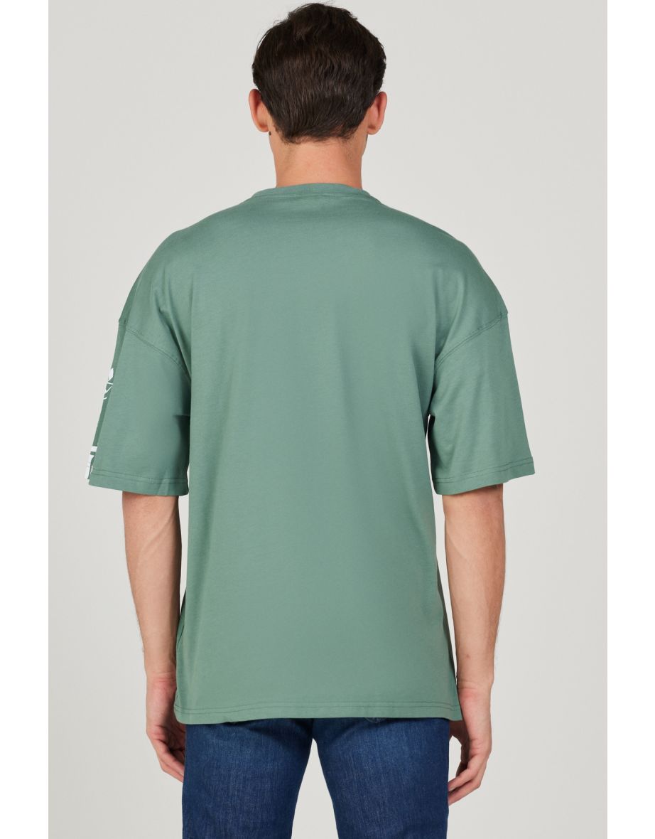 Men's Khaki Oversize Loose Fit Crew Neck 100% Cotton Printed Short Sleeve T-Shirt - 5