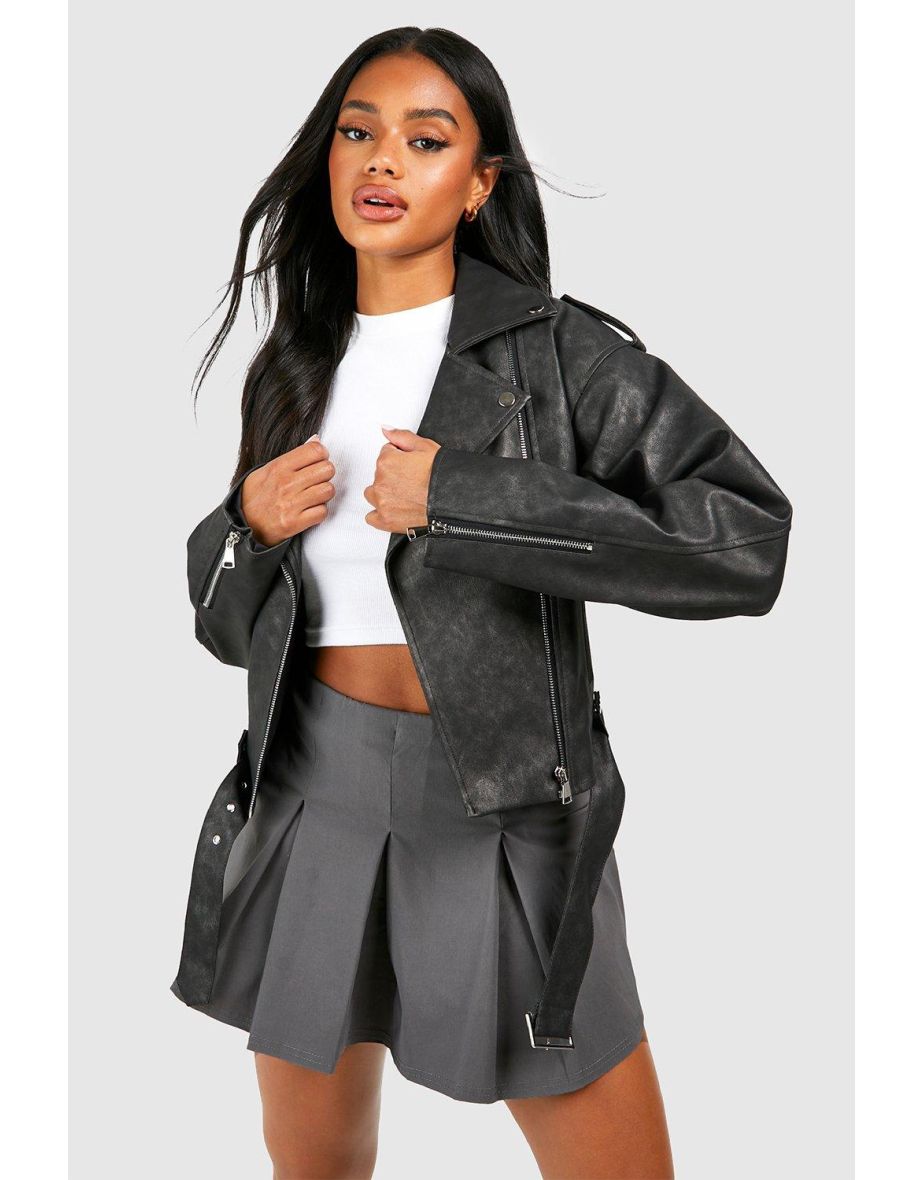 Shop Vintage Look Faux Leather Biker Jacket grey Online in Oman VogaCloset