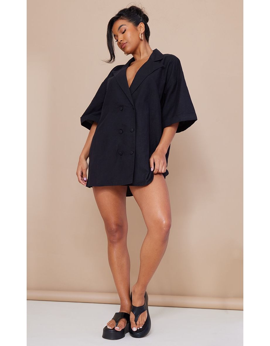 Shop Black Linen Oversized Double Breasted Short Sleeve Blazer Dress Online in Oman VogaCloset