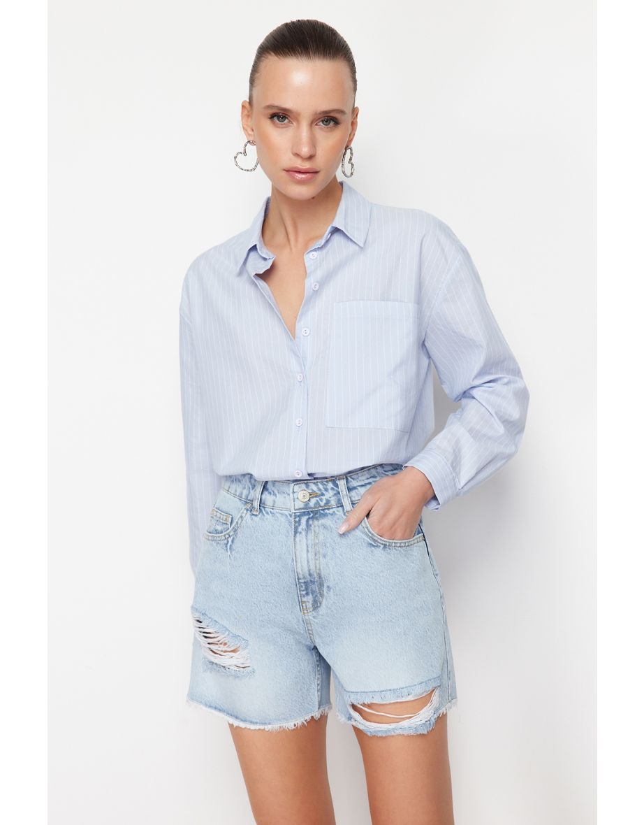 Shop Blue Ripped High Waist Denim Shorts Online in Saudi Arabia VogaCloset