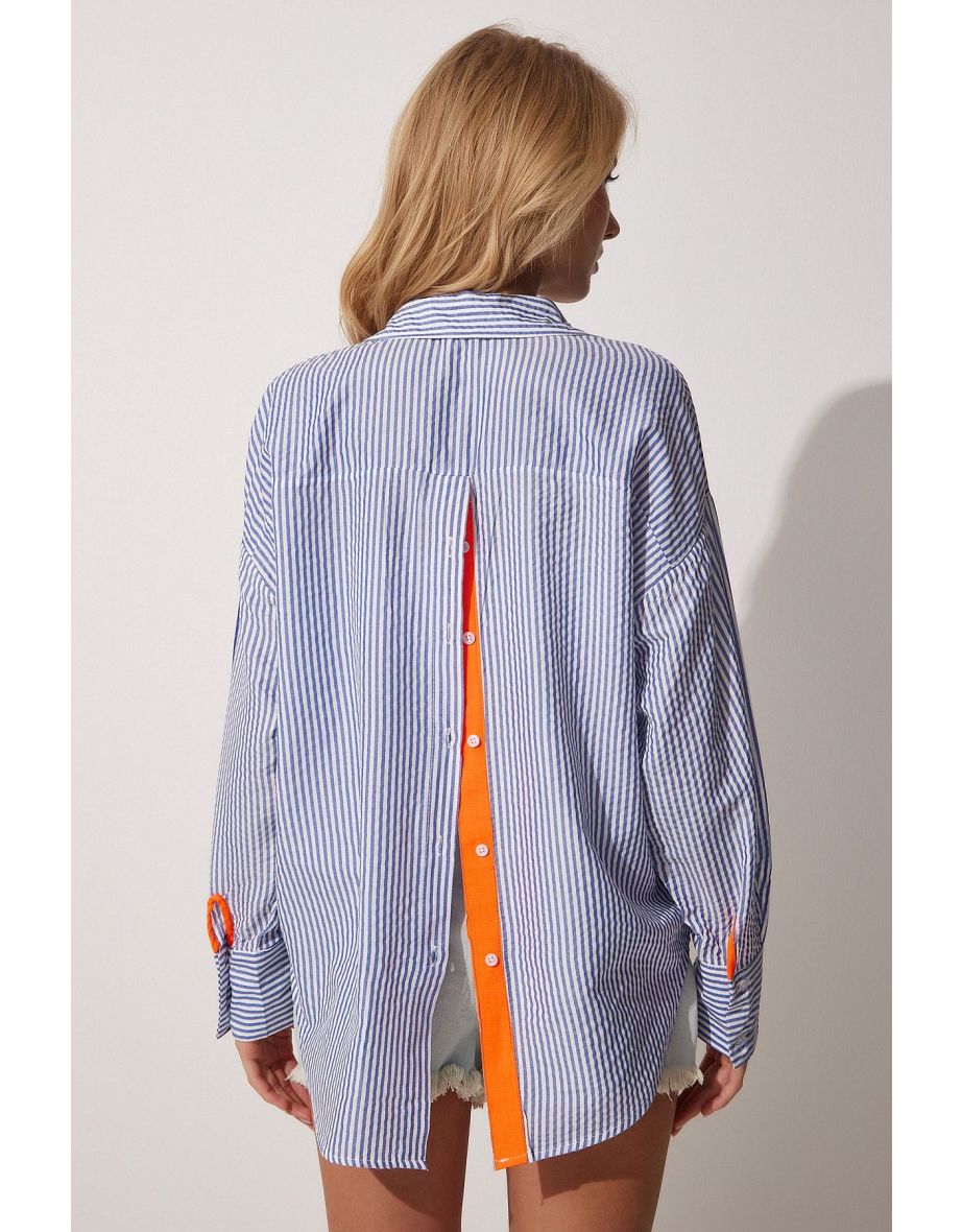 Women's Blue Orange Ribbon And Button Detailed Striped Oversize Shirt - 2