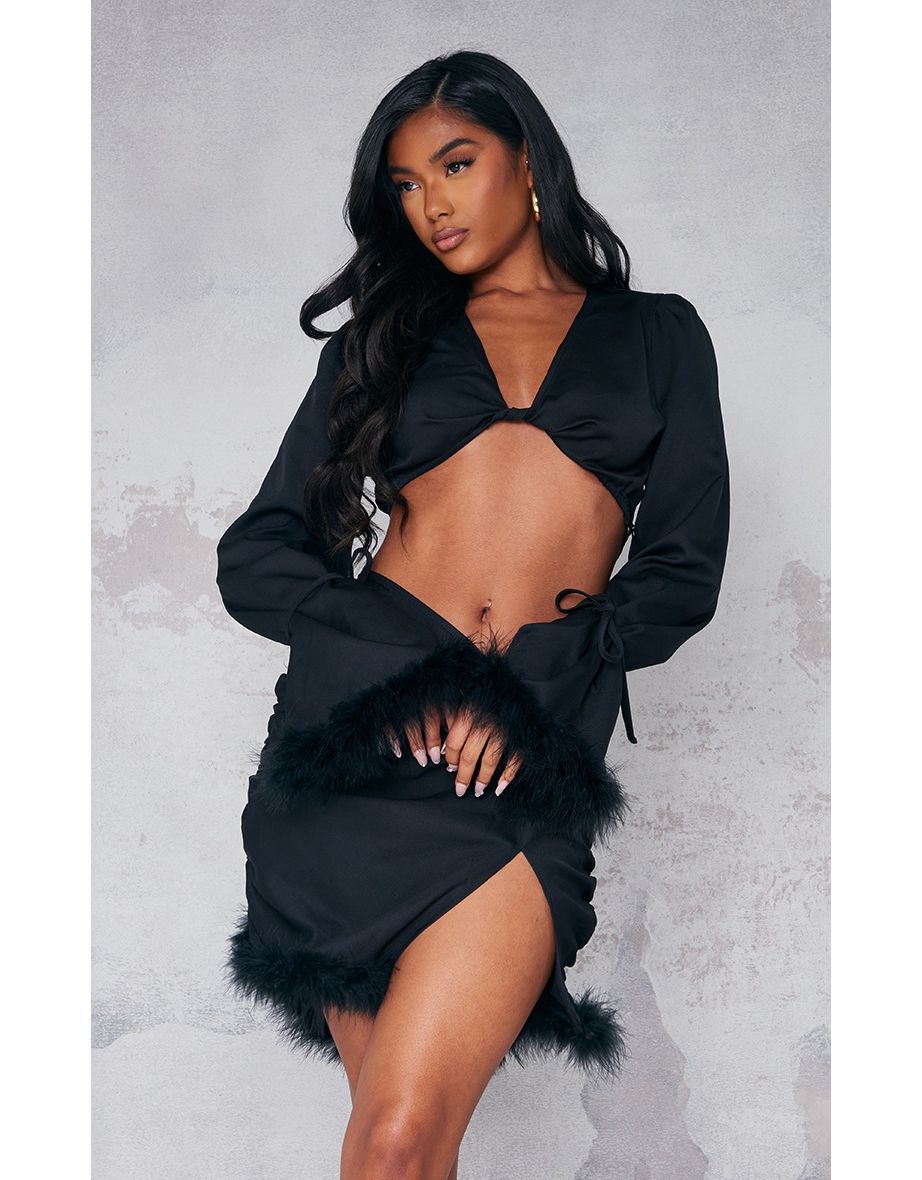 Black Woven Feather Trim Twist Front Crop Top