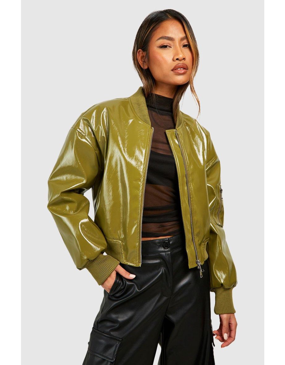 Shop Vinyl Crop Faux Leather Bomber Jacket olive Online in Qatar VogaCloset