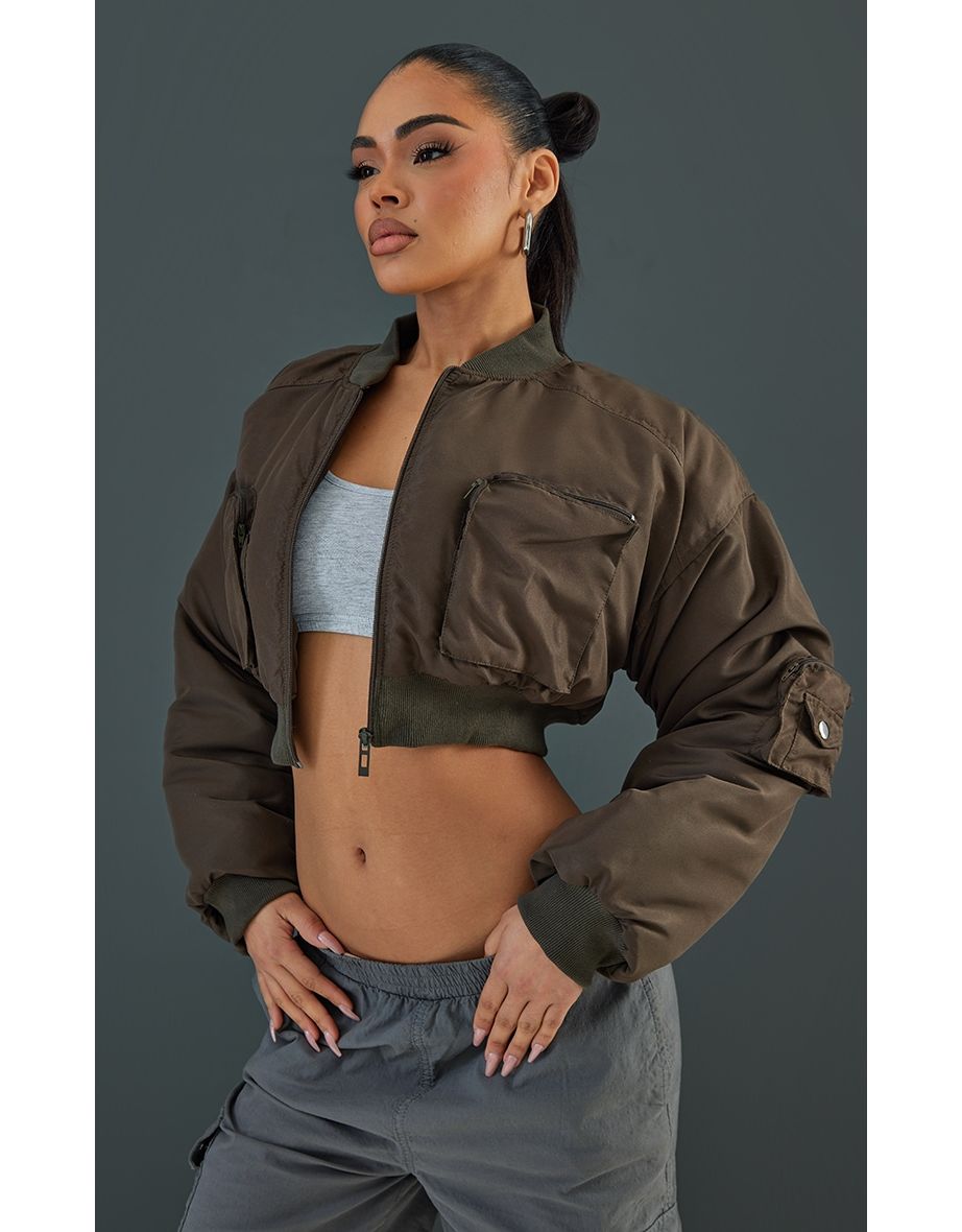 Shop Dark Olive Cropped Ruched Sleeve Utility Pocket Bomber Jacket Online in Iraq VogaCloset