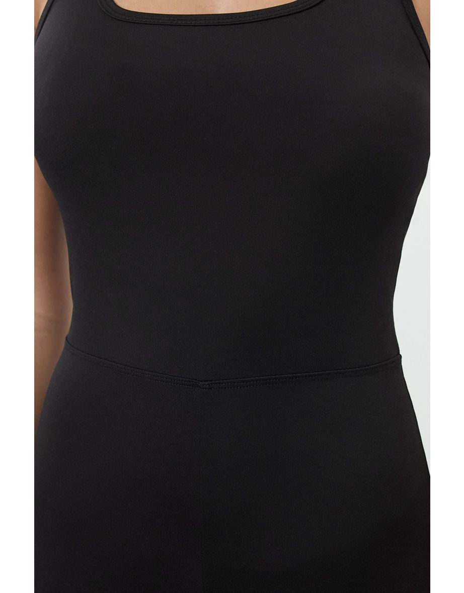 Black Matte Fabric Back Detailed Knitted Sports Overalls - 5